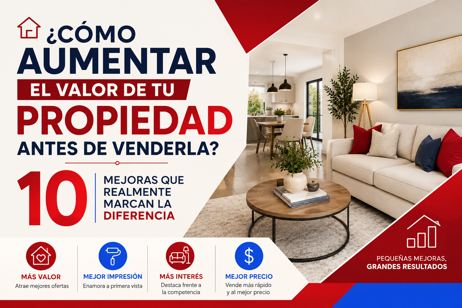 Sala de una vivienda antes y después de ser preparada para la venta en Trujillo