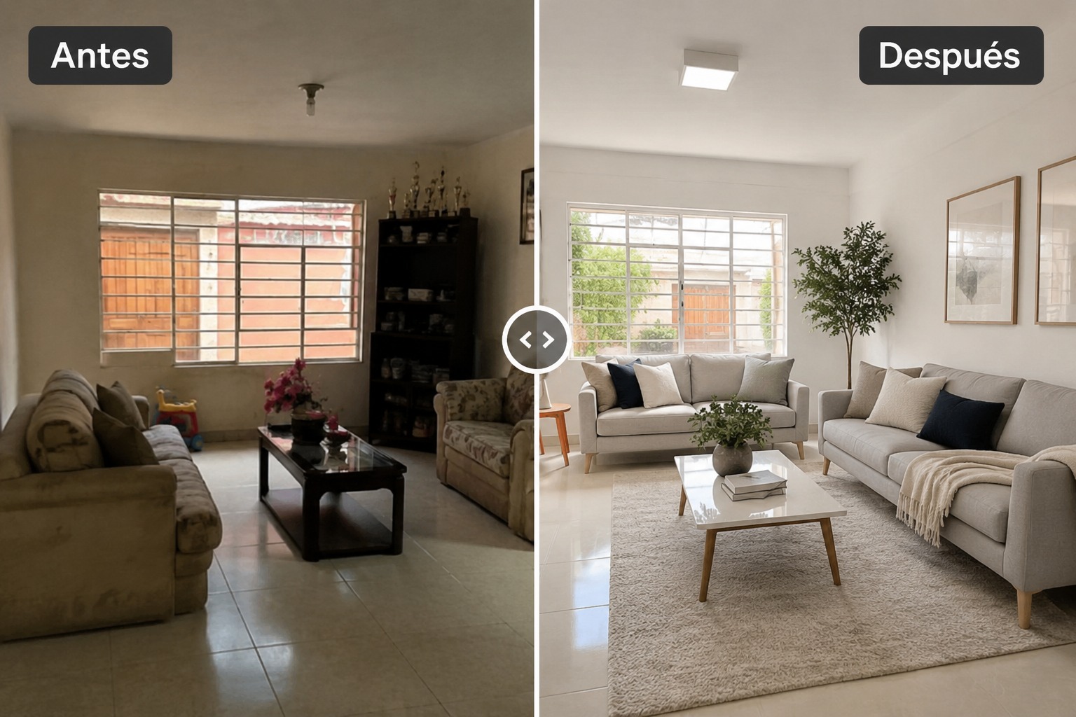 Sala de una vivienda antes y después de ser preparada para la venta en Trujillo